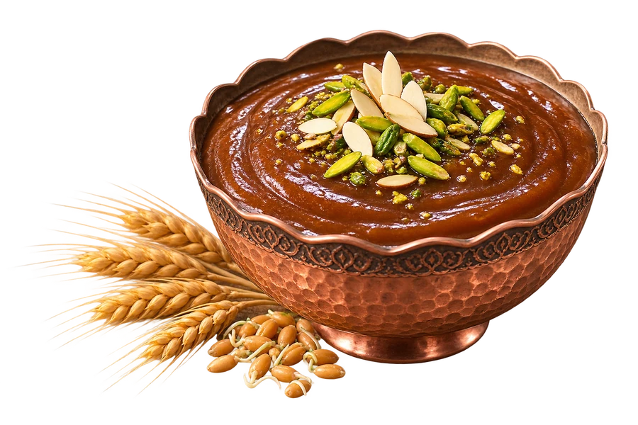 کاسه سمنو در کنار خوشه‌های گندم